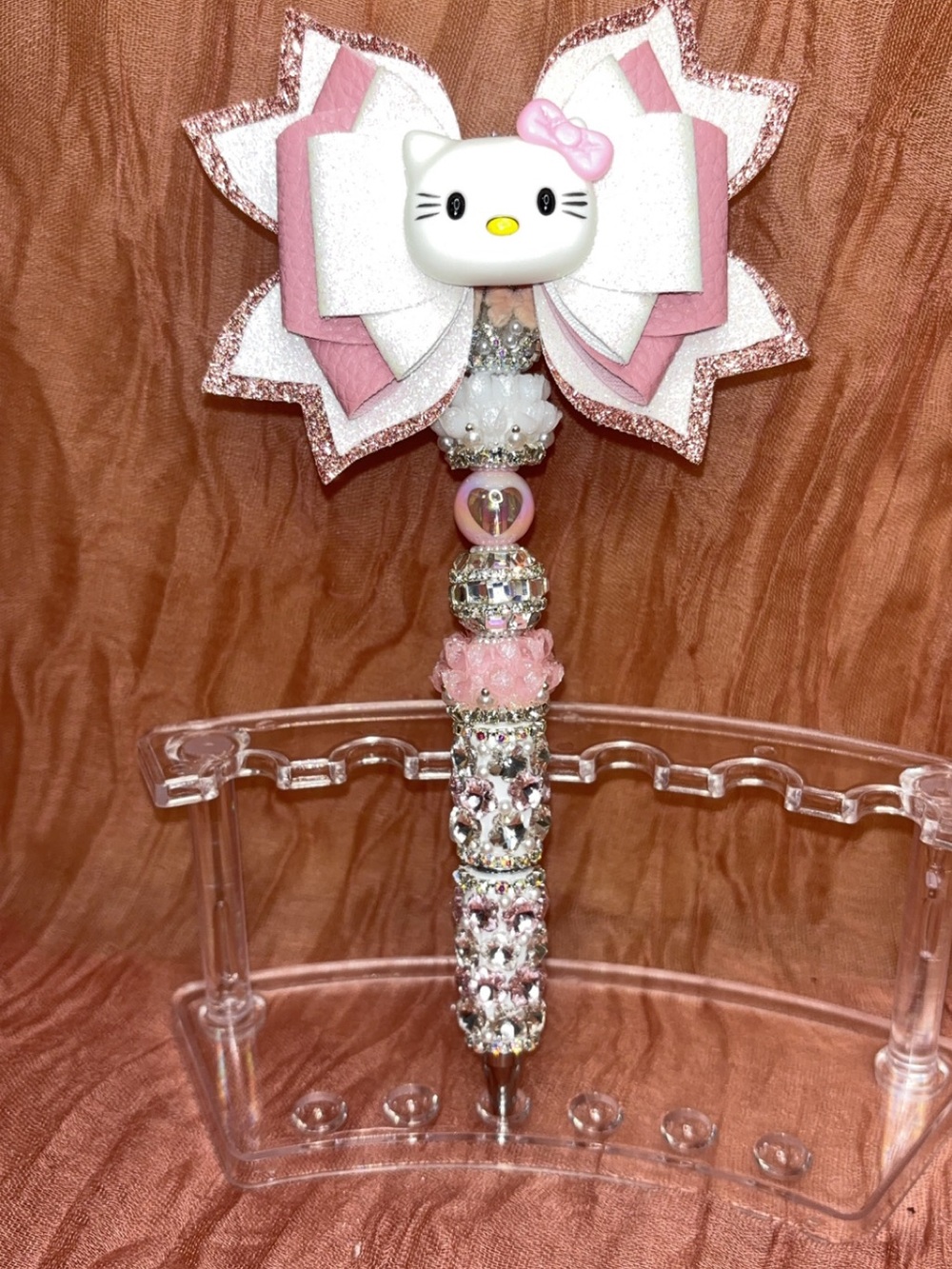 Hello Kitty Pink and White Sparkle Bow Hair Clip with Beaded Stem